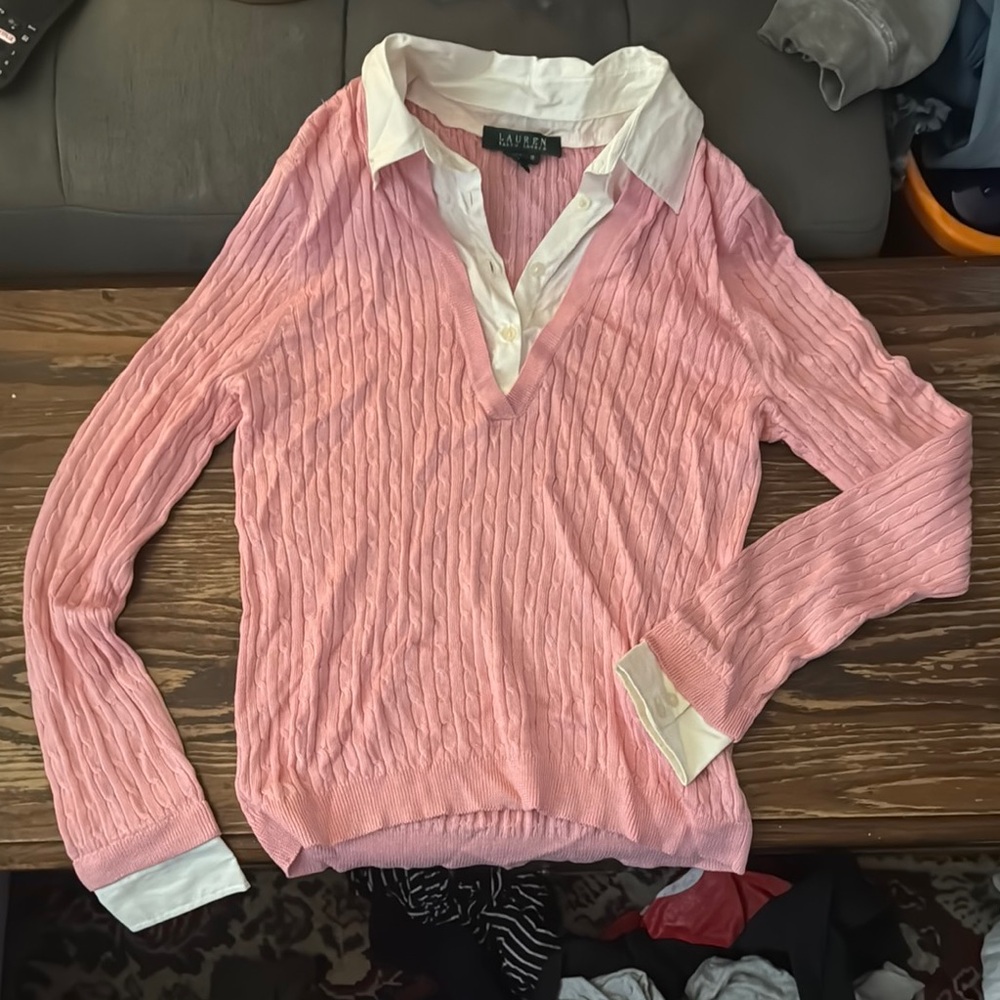 Ralph Lauren Pink and White Long Sleeve Button Down Shirt